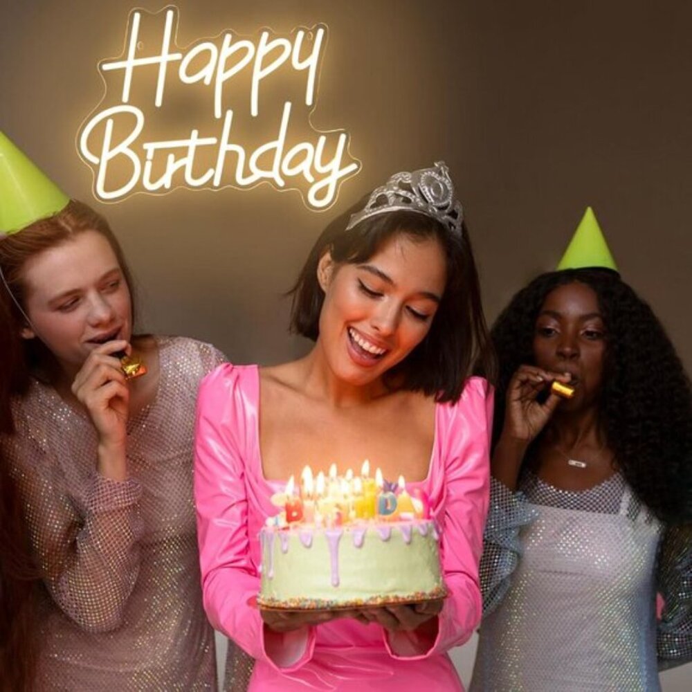 New Happy Birthday Neon Sign, Warm White LED Wall Light for Party & Backdrop - Picture 6 of 7